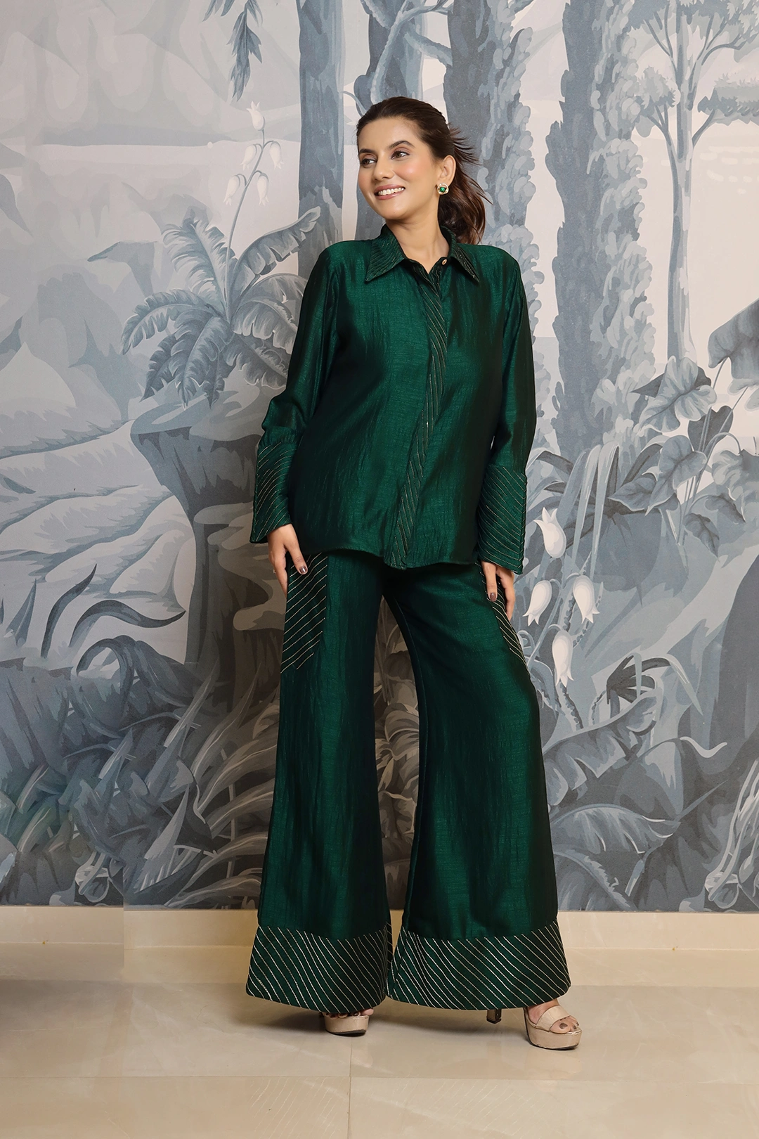 Bottle Green Vsilk co-ord Set Full Sleeve Shirt with Zari Thread Pintuck and Flayered Plazzao